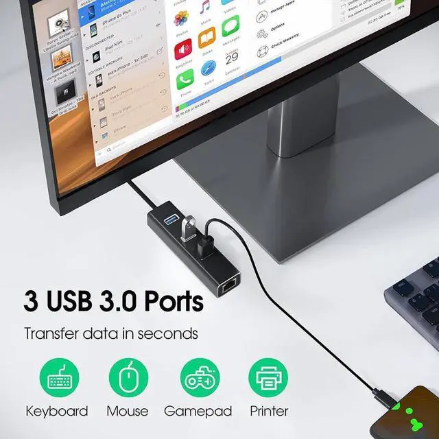 Alt view image 3 of 7 - 3 Ports USB 3.0 Hub with 1000M RJ45 Ethernet Adapter, [4 in 1] USB Hub Splitter for Laptop, Multiple USB Port Extender Hub, Aluminum USB to 1000Mbps Ethernet Adapter USB Expander Hub for Laptops