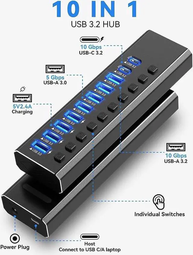Alt view image 2 of 7 - Powered USB Hub 3.2, 10-Port USB 3.2/USB C Hub (10Gbps USB-A 3.2 + 2x USB-C 3.2 + 7x USB 3.0 Ports) with Individual On/Off Switches and 12V Power Adapter, Aluminum USB Hub Powered for Laptop PC