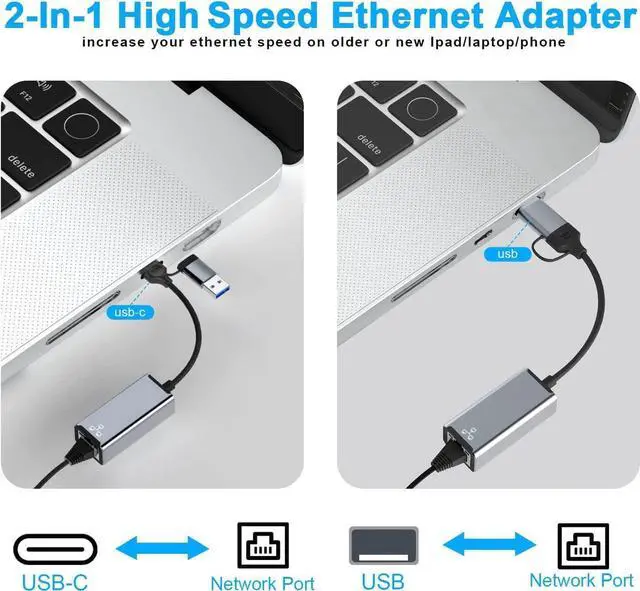 Alt view image 2 of 7 - [USB & Type-C] USB to Ethernet Adapter, USB C to Ethernet RJ45 Adapter,10/100/1000M Gigabit Ethernet LAN Network Adapter for Notebook Laptop UC164, Galaxy S21/S20, i-Mac, XPS, MacOS