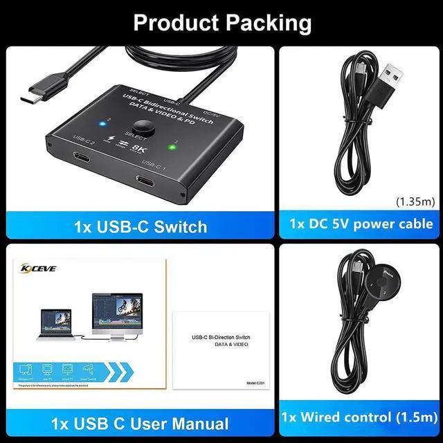 Alt view image 7 of 7 - USB C Switch 2 in 1 Out or 1 in 2 Out, Bi-Directional USB Type C KVM Switch Support 8K @60Hz 4K @120Hz Video/10Gbps Data Transfer/100W Charging,Compatible with Thunderbolt Device