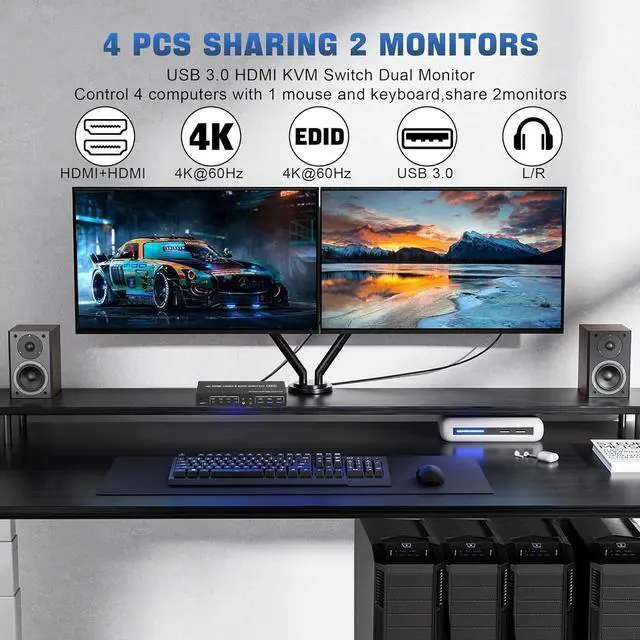 Alt view image 3 of 7 - USB 3.0 HDMI KVM Switch 2 Monitors 4 Computers, 4K@60Hz HDMI Dual Monitor KVM Switch for 4 PCs with Audio Output and 3 USB 3.0 Ports, 4 Port HDMI KVM Switch Input Supports EDID Emulators