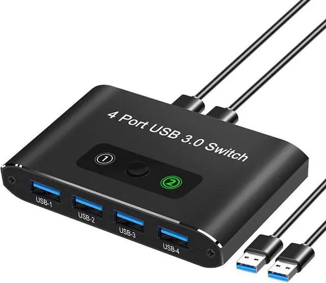 Main image of 2 in 4 Out USB Switch, USB 3.0 Switch, Aluminum KM Switch 2 Computers Sharing 4 USB Devices KM Switches 5V USB-C Powered for PC Printer Scanner Mouse Keyboard with 2 USB 3.0 Cable, One Button Switch