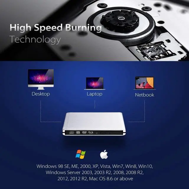 Alt view image 4 of 7 - External Blu Ray DVD Drive , USB 3.0 Burner Slim Optical Portable Blu-ray CD DVD Reader Writer RW Player for Laptop Desktop MacBook OS Windows 7 8 10 PC iMac Laptop (Silver)