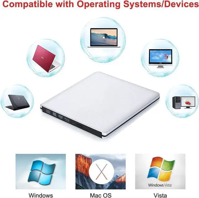 Alt view image 2 of 7 - External Blu Ray DVD Drive , USB 3.0 Burner Slim Optical Portable Blu-ray CD DVD Reader Writer RW Player for Laptop Desktop MacBook OS Windows 7 8 10 PC iMac Laptop (Silver)
