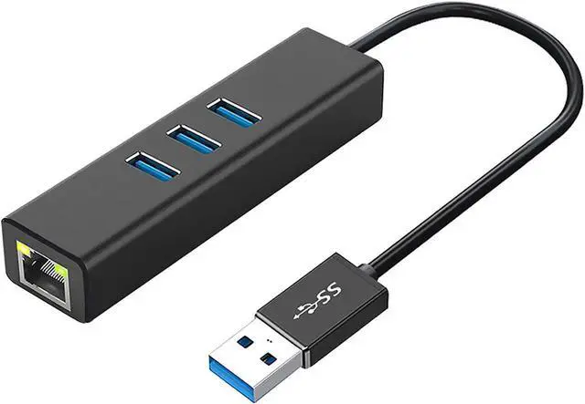 Main image of USB 3.0 Hub to 3x USB3.0 1x RJ45 Ethernet Adapter, with RJ45 10/100/1000 Gigabit Ethernet LAN Network to USB Adapter for Windows PC, Linux, MacBook, Ultrabook, Notebooks, Tablets, Aluminum (Black)