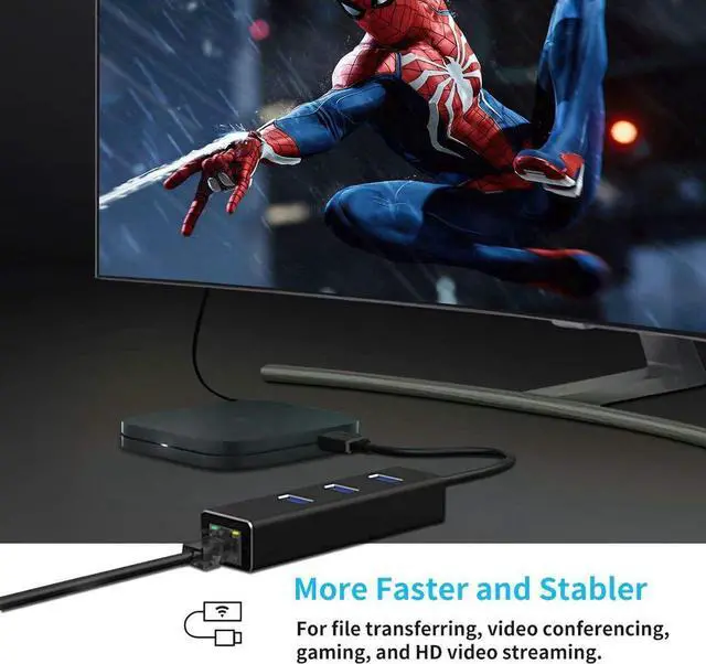 Alt view image 4 of 7 - USB 3.0 Hub to 3x USB3.0 1x RJ45 Ethernet Adapter, with RJ45 10/100/1000 Gigabit Ethernet LAN Network to USB Adapter for Windows PC, Linux, MacBook, Ultrabook, Notebooks, Tablets, Aluminum (Black)