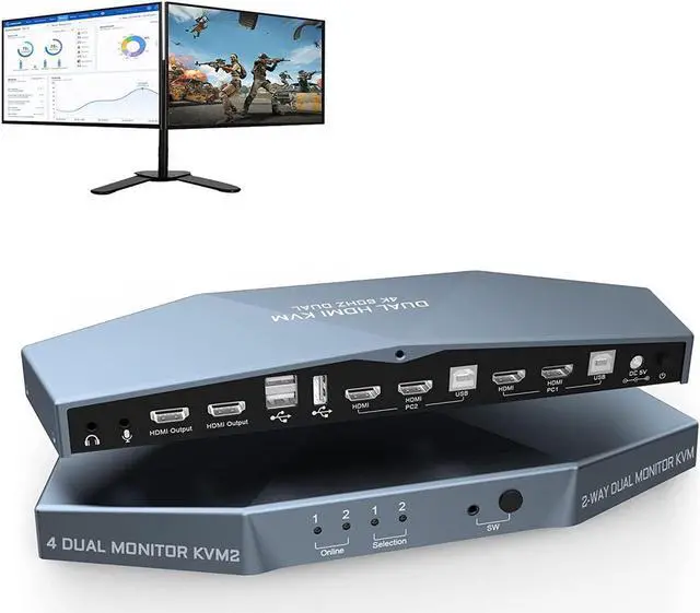 Main image of 2 PCs Dual Monitor HDMI KVM Switch 4K @60Hz, Support HDCP 2.2, HDMI + HDMI 4x2 Dual Monitor KVM Switch for 2 PCs and 2 Monitors