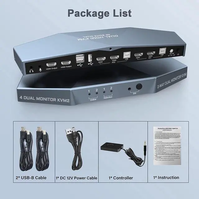 Alt view image 7 of 7 - 2 PCs Dual Monitor HDMI KVM Switch 4K @60Hz, Support HDCP 2.2, HDMI + HDMI 4x2 Dual Monitor KVM Switch for 2 PCs and 2 Monitors