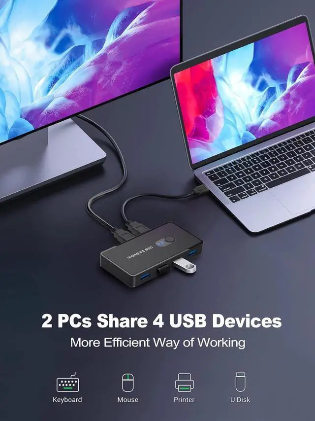 Alt view image 2 of 6 - USB 3.0 Switch 2 in 4 Out, USB Switcher Selector 2 Computers Sharing 4 USB 3.0 Ports, KM Switcher Box with 2 Pack USB Cable for PC, Printer, Scanner, Mouse, Keyboard, Compatible with Mac/Windows/Linux