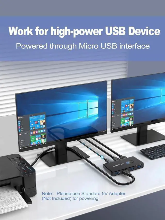 Alt view image 5 of 6 - USB 3.0 Switch 2 in 4 Out, USB Switcher Selector 2 Computers Sharing 4 USB 3.0 Ports, KM Switcher Box with 2 Pack USB Cable for PC, Printer, Scanner, Mouse, Keyboard, Compatible with Mac/Windows/Linux