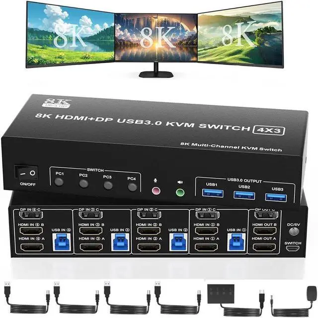 Main image of KVM Switch 3 Monitors 4 Computers 8K@60Hz, 2 HDMI +1 Displayport Triple Monitor KVM Switch for 4 PCs Share 3 Monitor and 3 USB 3.0 Ports, with Audio Microphone Output Support Extended and Copy Mode