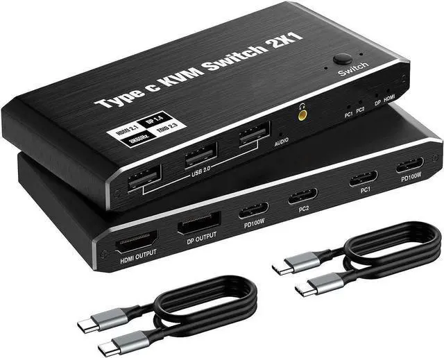 Main image of USB C KVM Switch 8K @60Hz 4K @120Hz, 2 Port Type C KVM Switch for 2 Computers Share 1 Monitor [HDMI + DisplayPort Output], USB C KCM with 3 USB 2.0 Ports & 100W Power Delivery, 2 USB-C Cables Included