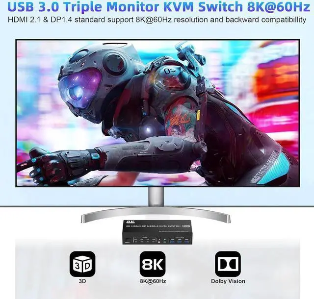 Alt view image 3 of 7 - 8K@60Hz KVM Switch 3 Monitors 4 Computers 4K@144Hz, 2 HDMI +1 DisplayPort Triple Monitor KVM Switch for 4 Computer with Audio and 3 USB 3.0 Ports, 3 Monitor KVM Switches Keyboard Mouse Switcher
