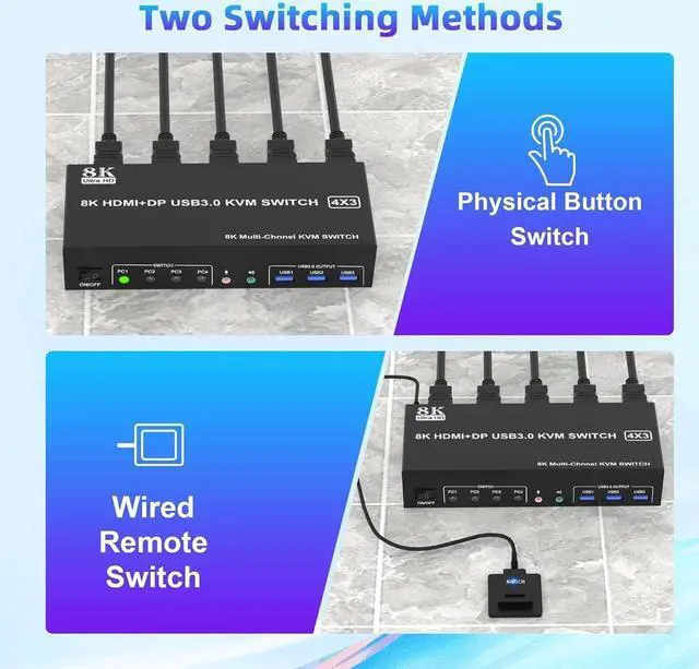 Alt view image 6 of 7 - 8K@60Hz KVM Switch 3 Monitors 4 Computers 4K@144Hz, 2 HDMI +1 DisplayPort Triple Monitor KVM Switch for 4 Computer with Audio and 3 USB 3.0 Ports, 3 Monitor KVM Switches Keyboard Mouse Switcher