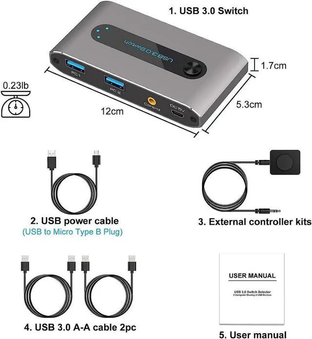 Alt view image 7 of 7 - USB 3.0 Switch, 2 in 4 out USB 3.0 Switch, USB KVM Switcher 2 Computer Sharing 4 USB Devices with Wire Desktop Controller and 2 Pack USB 3.0 A-A Cable