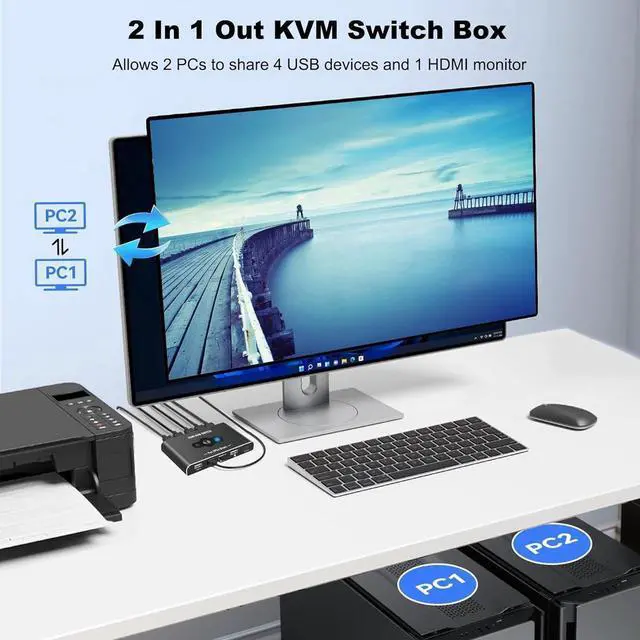 Alt view image 2 of 7 - 2 Port HDMI KVM Switch 1 Monitors 2 Computers, USB HDMI KVM Switches for 2 Computers Share 4 USB Device and 1 Monitor, USB Switch 2 Computers Support 4K@60Hz, HDMI Switch Keyboard Mouse Switch