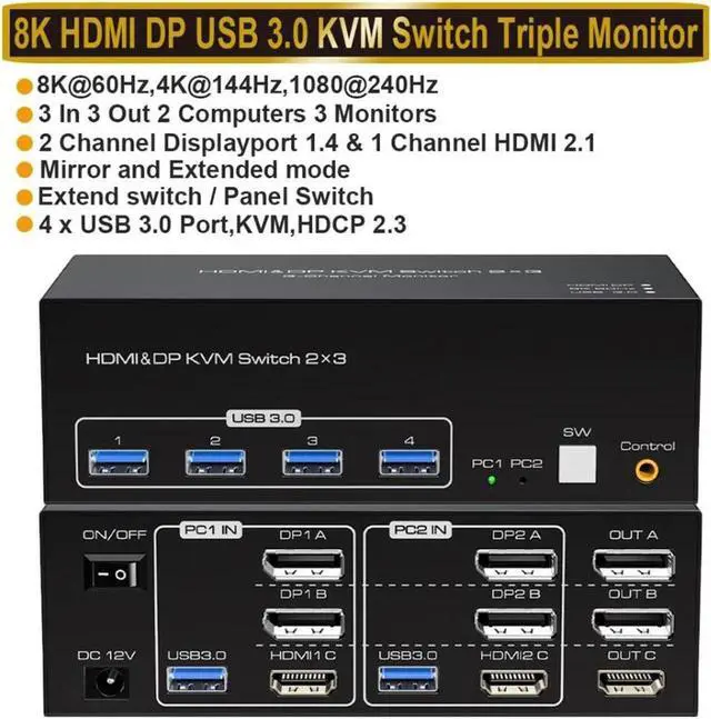 Main image of 8K 2 Displayport + HDMI USB 3.0 KVM Switch 3 Monitors 2 Computers, 8K@60Hz 4K@144Hz 2 Displayport + HDMI Triple Monitor KVM Switch with 4 USB 3.0 Ports, KVM Triple Monitor Keyboard Mouse Switcher