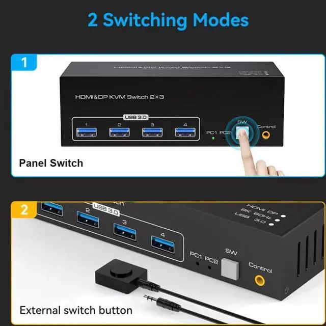 Alt view image 7 of 7 - 8K 2 Displayport + HDMI USB 3.0 KVM Switch 3 Monitors 2 Computers, 8K@60Hz 4K@144Hz 2 Displayport + HDMI Triple Monitor KVM Switch with 4 USB 3.0 Ports, KVM Triple Monitor Keyboard Mouse Switcher