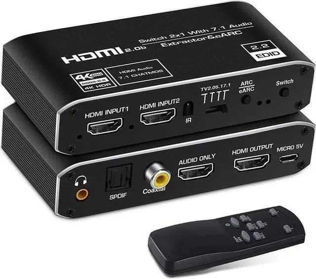 Main image of 4K @60Hz eARC HDMI Swtich Audio Extractor, 2x1 HDMI Audio Converter with Remote Control, 7.1CH Atmos/ eARC/ARC/ Optical Toslink SPDIF/ Coaxial/ 3.5mm Audio Out, Supports HDCP2.3, HDMI2.0b