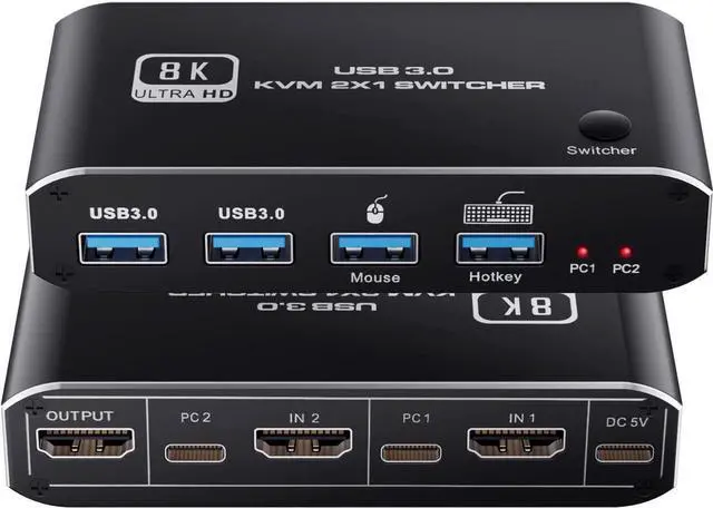 Main image of 8K @60Hz HDMI2.1 KVM Switch 2 in 1 Out, 2 Port HDMI 2.1 USB KVM Switch for 2PC Shares 1 Set Mouse, Keyboard and Monitor, Support 8K @60Hz, 4K @120Hz, Hotkey, 4x USB 3.0 Port, HDMI2.1 in/Out Port