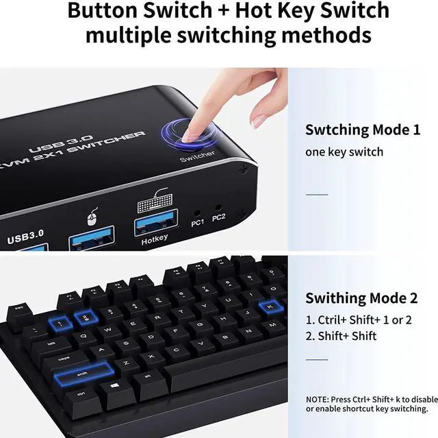 Alt view image 5 of 7 - 8K @60Hz HDMI2.1 KVM Switch 2 in 1 Out, 2 Port HDMI 2.1 USB KVM Switch for 2PC Shares 1 Set Mouse, Keyboard and Monitor, Support 8K @60Hz, 4K @120Hz, Hotkey, 4x USB 3.0 Port, HDMI2.1 in/Out Port
