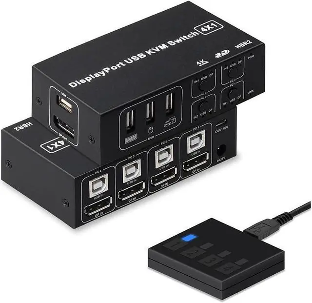 Main image of 4 Port DisplayPort KVM Switch 3D UHD 4K@60Hz 4 in 1 Out USB and DP KVM Switcher for 4 PCs Share Keyboard Mouse Monitor and USB 2.0 Devices, with 4 USB Cables