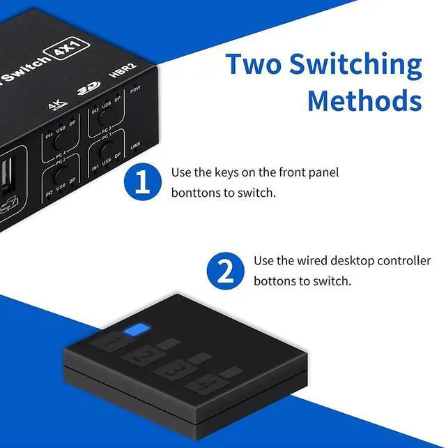 Alt view image 5 of 7 - 4 Port DisplayPort KVM Switch 3D UHD 4K@60Hz 4 in 1 Out USB and DP KVM Switcher for 4 PCs Share Keyboard Mouse Monitor and USB 2.0 Devices, with 4 USB Cables