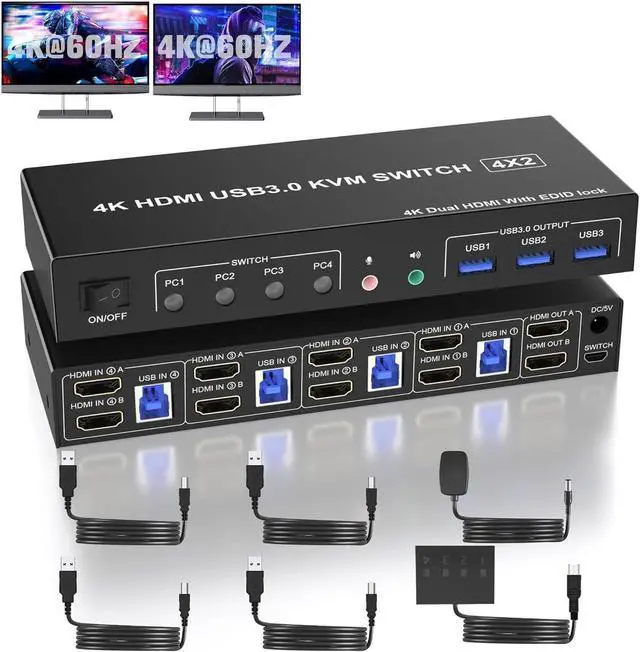 Main image of USB 3.0 HDMI KVM Switch 2 Monitors 4 Computers, Support EDID, 4K@60Hz Dual Monitor HDMI KVM Switch 4 in 2 Out, with Audio Microphone and 3 USB 3.0 Ports, PC Monitor Keyboard Mouse Switcher for 4 PCs