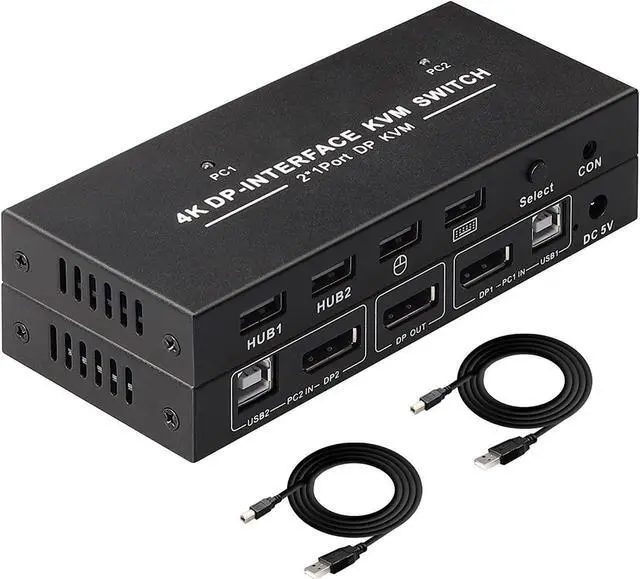 Main image of DisplayPort KVM Switch 2 Port 4K@60Hz 2 in 1 Out DP 1.2 and USB Switch for 2 Computers Share 1 Keyboard Mouse Monitor for Laptop, PC Supports with 4 USB 2.0 Ports, 2 USB KVM Cables 1.5m(5ft)
