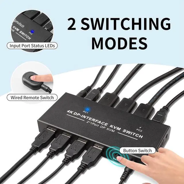 Alt view image 5 of 7 - DisplayPort KVM Switch 2 Port 4K@60Hz 2 in 1 Out DP 1.2 and USB Switch for 2 Computers Share 1 Keyboard Mouse Monitor for Laptop, PC Supports with 4 USB 2.0 Ports, 2 USB KVM Cables 1.5m(5ft)