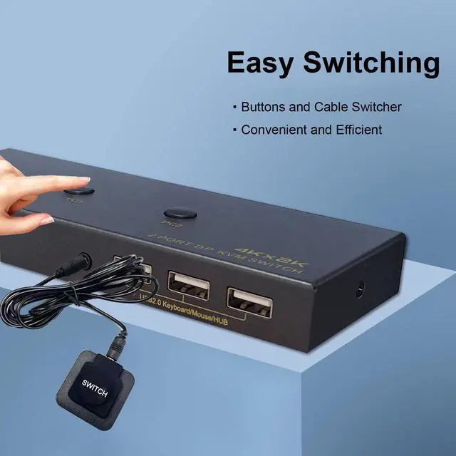 Alt view image 5 of 7 - 2 Port DisplayPort KVM Switch with USB 2.0 Ports, DP 1.2 4K @60Hz Display Port KVM Switcher Box for 2 Computers Sharing 1 Monitor Keyboard Mouse Peripherals Selector Box with USB Cables