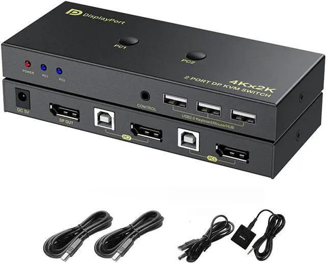 Main image of 2 Port DisplayPort KVM Switch with USB 2.0 Ports, DP 1.2 4K @60Hz Display Port KVM Switcher Box for 2 Computers Sharing 1 Monitor Keyboard Mouse Peripherals Selector Box with USB Cables