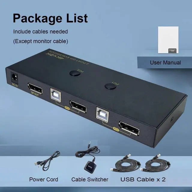Alt view image 7 of 7 - 2 Port DisplayPort KVM Switch with USB 2.0 Ports, DP 1.2 4K @60Hz Display Port KVM Switcher Box for 2 Computers Sharing 1 Monitor Keyboard Mouse Peripherals Selector Box with USB Cables