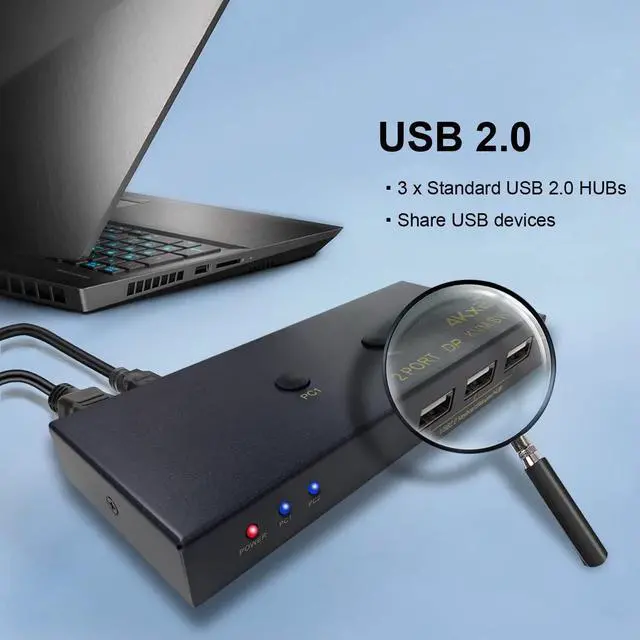 Alt view image 4 of 7 - 2 Port DisplayPort KVM Switch with USB 2.0 Ports, DP 1.2 4K @60Hz Display Port KVM Switcher Box for 2 Computers Sharing 1 Monitor Keyboard Mouse Peripherals Selector Box with USB Cables