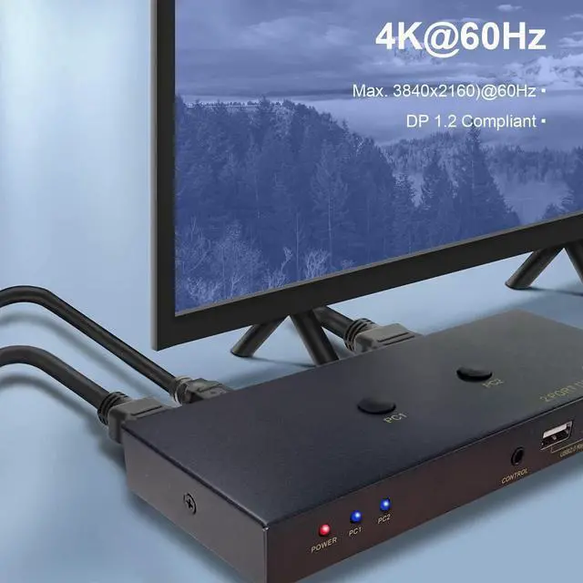 Alt view image 3 of 7 - 2 Port DisplayPort KVM Switch with USB 2.0 Ports, DP 1.2 4K @60Hz Display Port KVM Switcher Box for 2 Computers Sharing 1 Monitor Keyboard Mouse Peripherals Selector Box with USB Cables