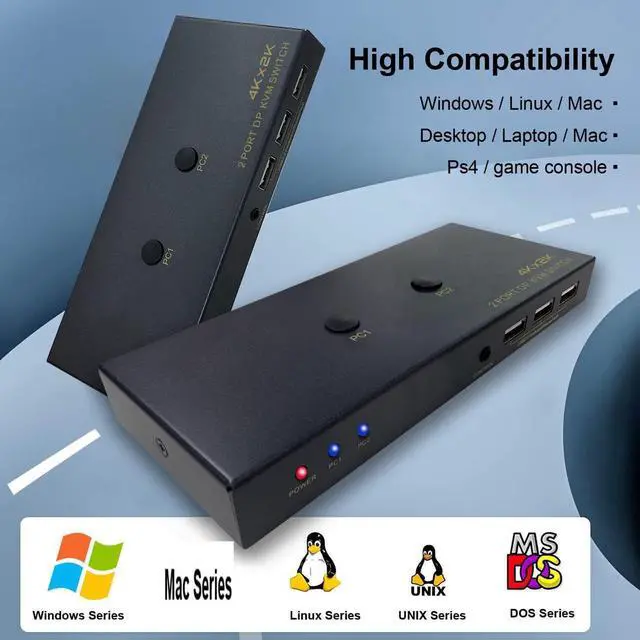 Alt view image 6 of 7 - 2 Port DisplayPort KVM Switch with USB 2.0 Ports, DP 1.2 4K @60Hz Display Port KVM Switcher Box for 2 Computers Sharing 1 Monitor Keyboard Mouse Peripherals Selector Box with USB Cables