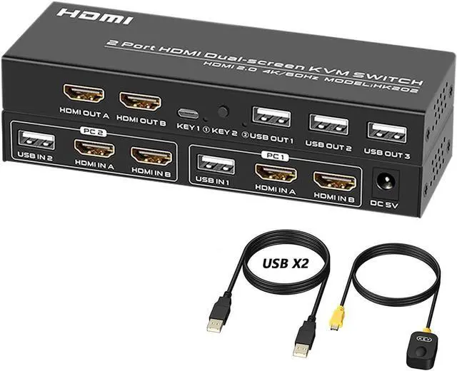 Main image of Dual Monitor HDMI KVM Switch 2 Port 4K @60Hz, USB HDMI Extended Display Switch for 2 Computer Share 2 Monitor and 3 USB 2.0 Device Keyboard Mouse, Desktop Controller and USB Cables Included