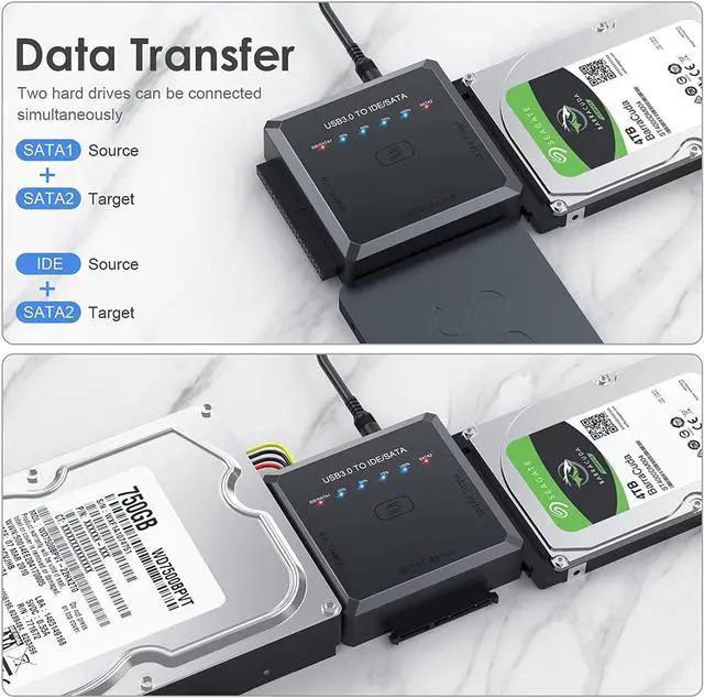 Alt view image 4 of 7 - USB 3.0 to SATA IDE Adapter Cable w/One Touch Backup, External Hard Drive Reader for Universal 2.5" 3.5" SSD HDD CD/DVD Optical Drives, Data Recovery Converter w/12V/2A Power Adapter