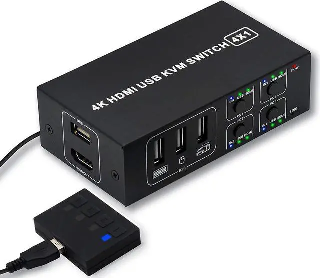 Main image of 4x1 HDMI KVM Switch 4 Port,USB Switch 4 Computers Share with 1 Monitor HD 4K @60Hz One-Button Switch hdmi switch, 4 In 1 Out HDMI KVM Switcher with 4 USB Cable 1 Switch Button&Cable 1 Power Cable