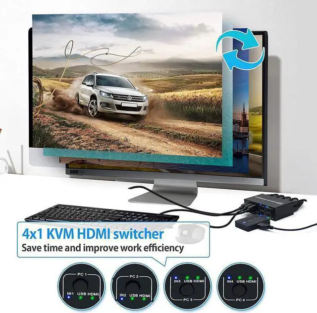 Alt view image 3 of 7 - 4x1 HDMI KVM Switch 4 Port,USB Switch 4 Computers Share with 1 Monitor HD 4K @60Hz One-Button Switch hdmi switch, 4 In 1 Out HDMI KVM Switcher with 4 USB Cable 1 Switch Button&Cable 1 Power Cable