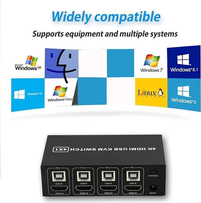 Alt view image 6 of 7 - 4x1 HDMI KVM Switch 4 Port,USB Switch 4 Computers Share with 1 Monitor HD 4K @60Hz One-Button Switch hdmi switch, 4 In 1 Out HDMI KVM Switcher with 4 USB Cable 1 Switch Button&Cable 1 Power Cable