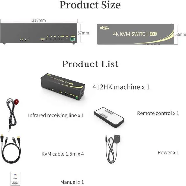 Alt view image 7 of 7 - HDMI KVM Switch 4 in 2 Out Dual Monitor Extended Display 4K @60Hz 4:4:4 with Audio and USB 2.0 Hub Sharing PC Monitor Keyboard Mouse Switcher