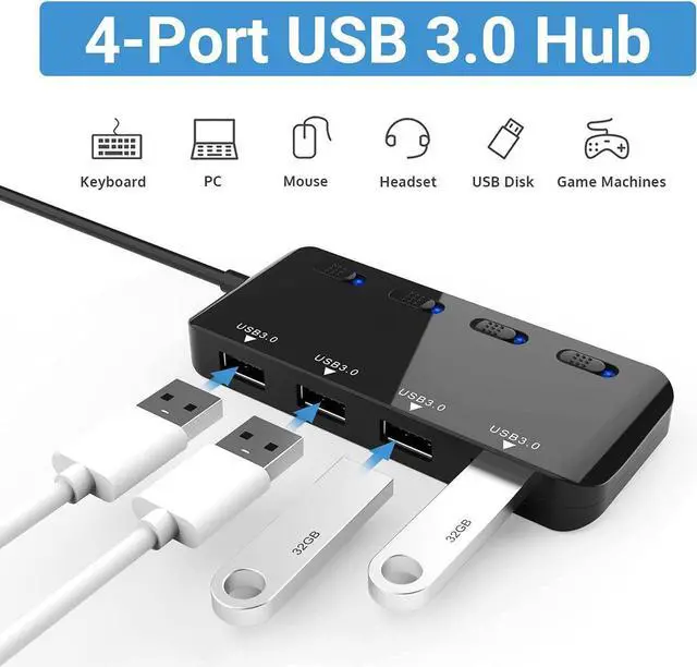 Alt view image 2 of 7 - USB 3.0 Hub, 4-Port USB3.0 Splitter with Individual LED Power Switches, Ultra Slim USB extension for PC, MacBook, Mac Pro/Mini, iMac, Surface Pro, USB Flash Drives, etc.