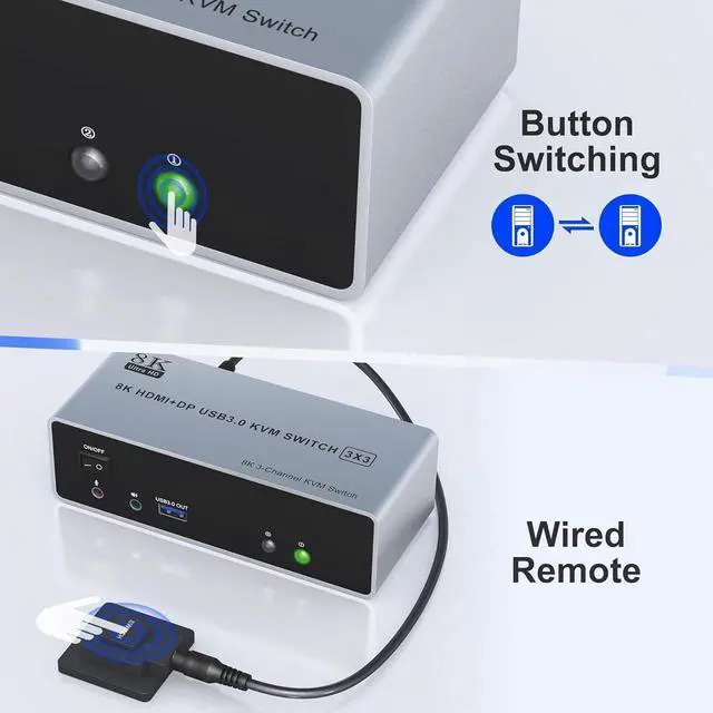 Alt view image 7 of 7 - KVM Switch 3 Monitors 2 Computers 8K@60Hz 4K@144Hz, HDMI + 2 Displayport Triple Monitor KVM Switch for 2 PC Share 3 Monitor, Audio Mic Port and 3 USB 3.0 Devices Support Extended and Copy Mode
