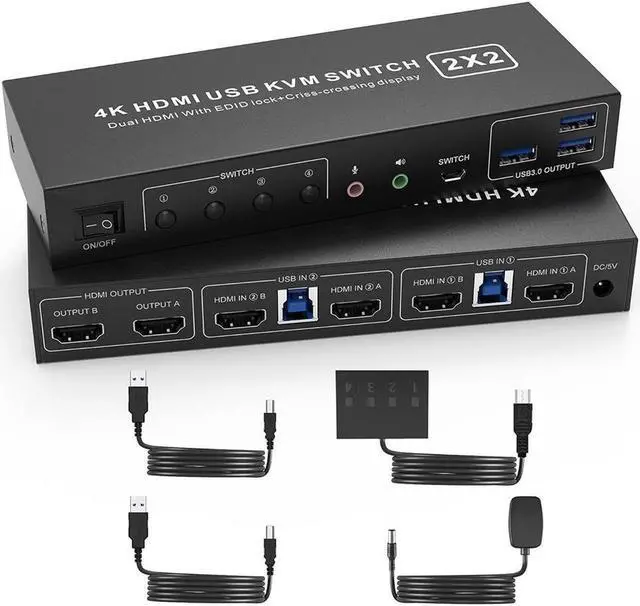 Main image of USB 3.0 HDMI KVM Switch 2 Montiors 2 Computers, 4K@60Hz Dual Monitor KVM Switch with 3 USB 3.0 Ports and Audio, 2 Port KVM Switch with Dual Monitor Cross Display for 2 Computers