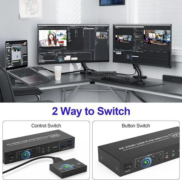 Alt view image 7 of 7 - USB 3.0 HDMI KVM Switch 2 Montiors 2 Computers, 4K@60Hz Dual Monitor KVM Switch with 3 USB 3.0 Ports and Audio, 2 Port KVM Switch with Dual Monitor Cross Display for 2 Computers