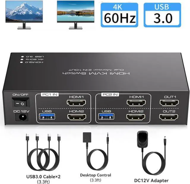 Main image of Dual Monitor HDMI KVM Switch, 2 Port HDMI KVM Switch Support 4K@60Hz USB 3.0 KVM Switches for 2 Computers Share 2 Monitors and 4 USB 3.0 Ports Such as Keyboards, Mice Printers and U Disk