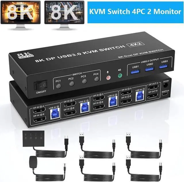 Main image of USB 3.0 Displayport KVM Switch 2 Monitors 4 Computers, 8K@60Hz Dual Monitor KVM Switch 4 in 2 Out with Audio Output and 3 USB3.0 Ports, 4 Port Displayport Dual Monitor KVM Switch for 4 Computer