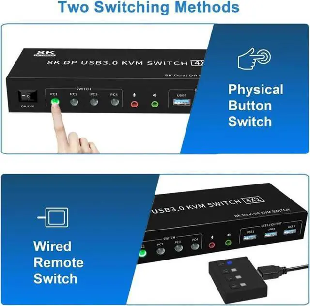 Alt view image 6 of 7 - USB 3.0 Displayport KVM Switch 2 Monitors 4 Computers, 8K@60Hz Dual Monitor KVM Switch 4 in 2 Out with Audio Output and 3 USB3.0 Ports, 4 Port Displayport Dual Monitor KVM Switch for 4 Computer