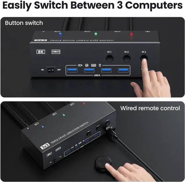 Alt view image 7 of 7 - Triple Monitor KVM Switch for 3 Computers, HDMI 8K@60Hz/4K@120Hz, DP 8K@30Hz/4K@144Hz,1 HDMI & 2 DisplayPorts KVM Switches 3 PC 3 Monitors with 4 USB 3.0 Ports - Wired Remote & 3 USB Cables Included